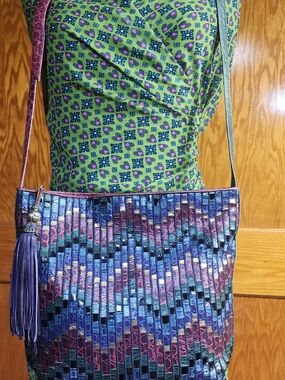 Sharif Woven Crossbody Bag in Purple and Blue with Tassel